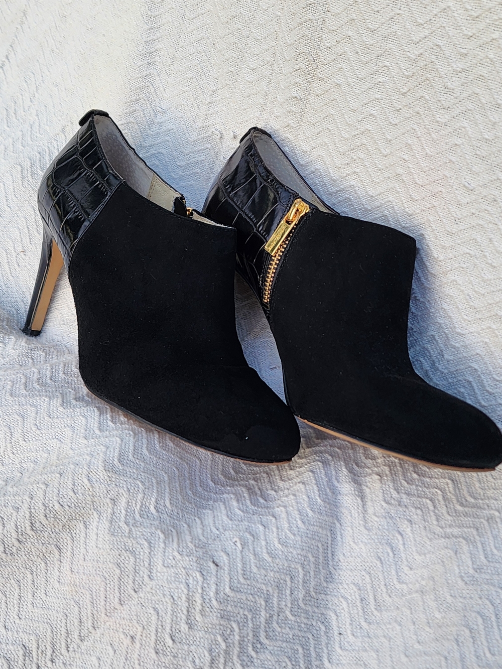 Michael Kors Black Suede & Croc-Embossed Ankle Booties with Gold Zip